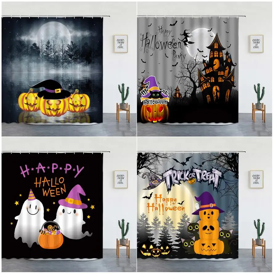 Halloween Themed Shower Curtains Funny Pumpkin Cartoon Ghost Black Cats Witch Castle Forest Landscape Bathroom Curtain Decor Set