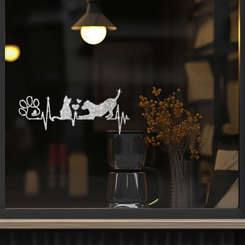 Dog And Cat Heartbeat Pattern Window Glass Stickers, Shiny Cartoon Cat And Dog Wall Stickers, Suitable for Living Room