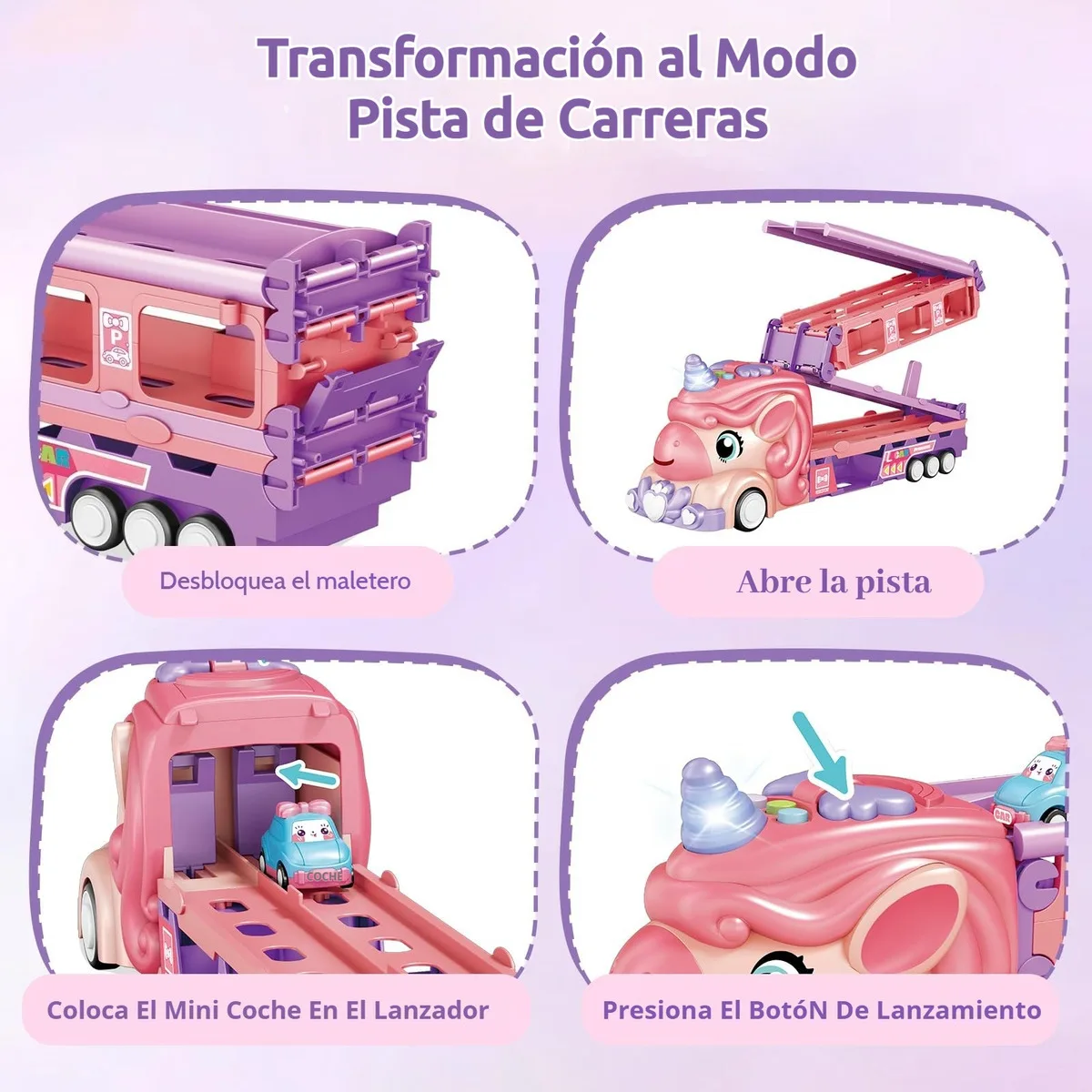 Pink unicorn folding track car toy with lights, music, press and eject mini car, friction power transport car, children's gift