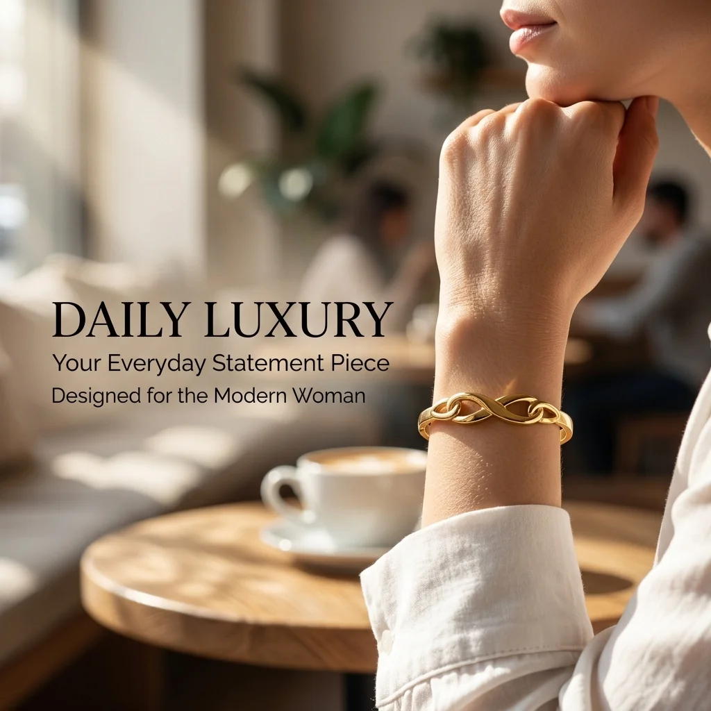 Elegant Gold Snap Bracelet, Stainless Steel Openwork Number 8 Bangle, Luxe Feel Women Jewelry 60mm Inner Diameter