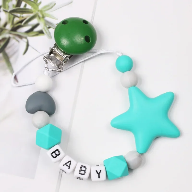 Personalized Name Baby Handmade Pacifier Clips Silicone Safe Teething Chain Infant Pentagonal Star Gum Nipple Dummy Holder Clip