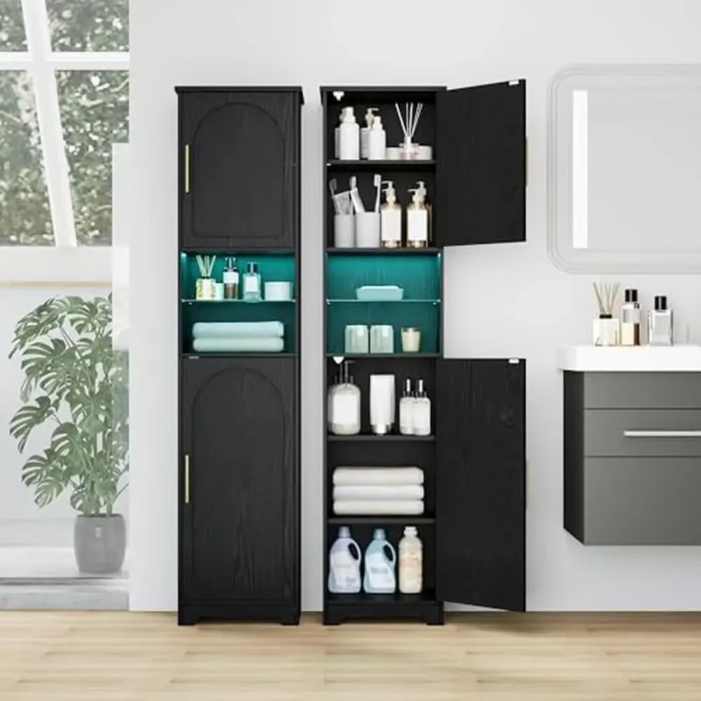 

LED Bathroom Storage Cabinet with Adjustable Shelves and Glass Shelf Large Storage Space Multi-functional Elegant Design Easy