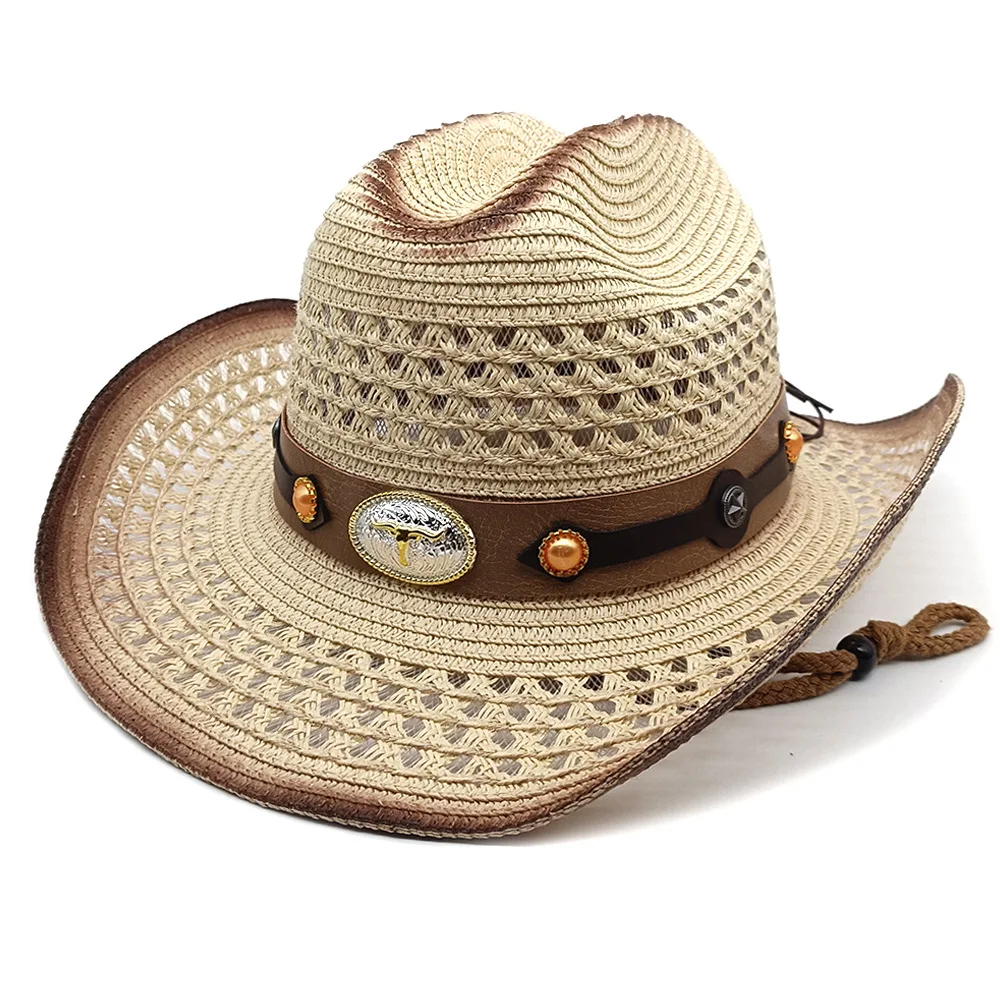 Retro zomer strohoed Western cowboyhoeden Verstelbare zomerstrandzonbescherming Zonnekap voor mannen en vrouwen Trekkoord