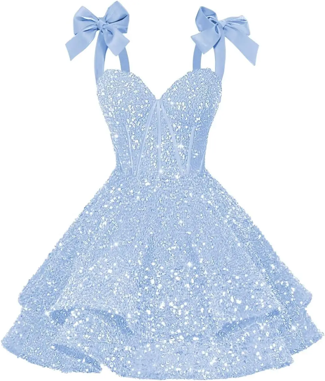 

Sparkly Sequin Bows Homecoming Dresses 2026 Short Spaghetti Straps Tiered Satin Sweet 16 Prom Cocktail Dress Above Knee , Mini