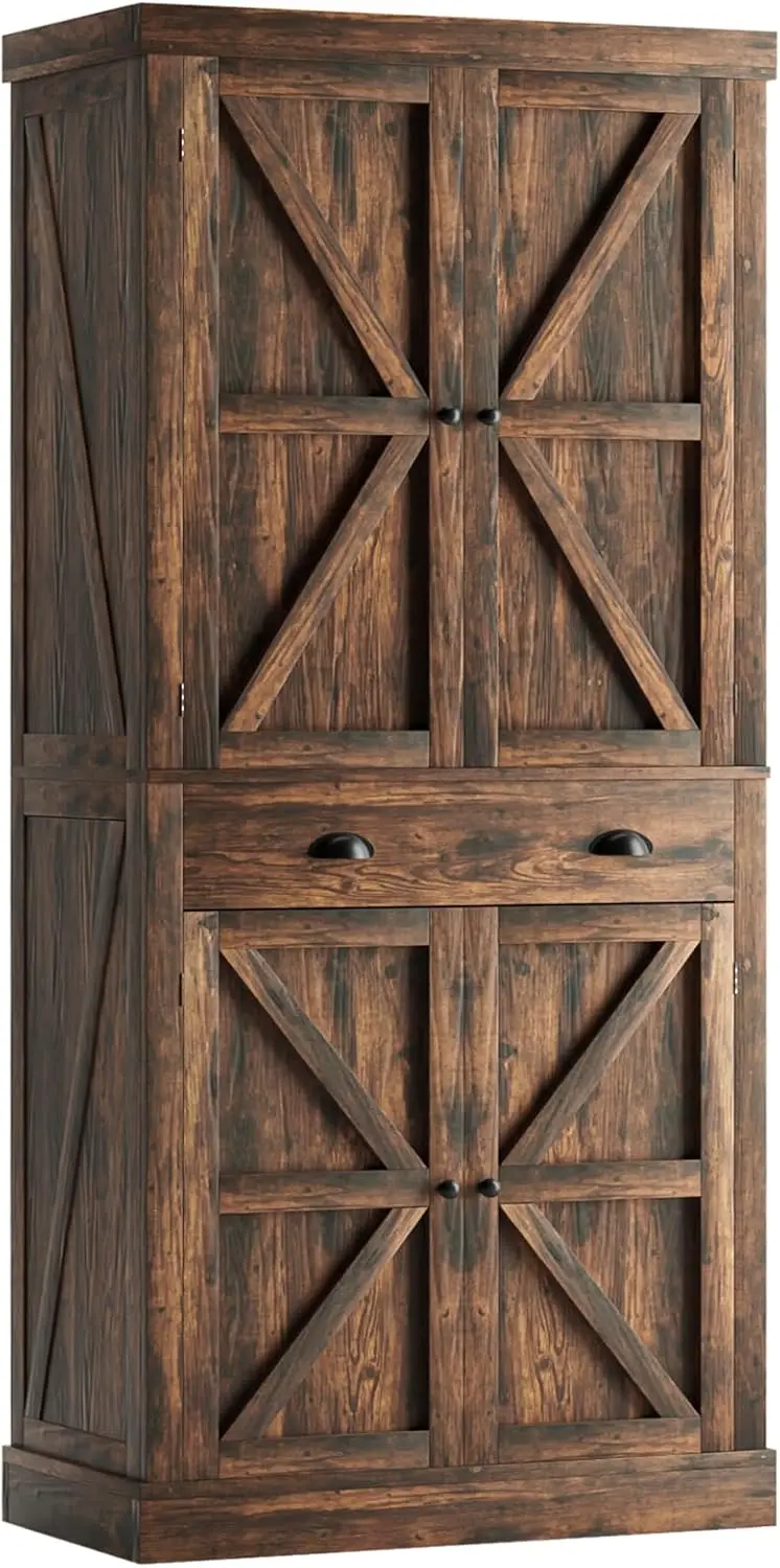 Keukenkast, vrijstaande kast van 72,6 inch met schuurdeuren in boerderij, verstelbare planken en grote lade, set