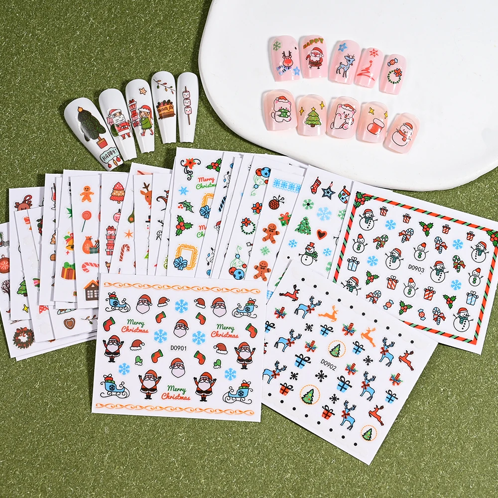 24 pezzi di cartone animato pupazzo di neve cappello da Babbo Natale adesivi per nail art rosso verde ghirlanda/fiocchi di neve/palloncini decalcomanie per unghie mini decorazioni per manicure fai da te