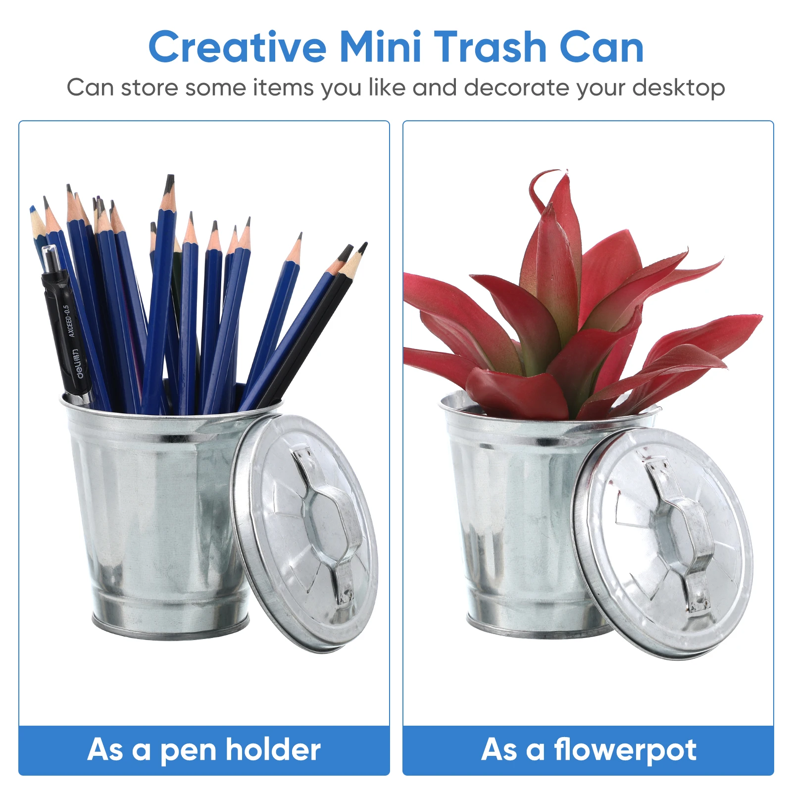 

1pc Desktop Storage Canisters Trash Bin Small Galvanized Metal Waste Paper Basket Lid Office Home Recycling Container