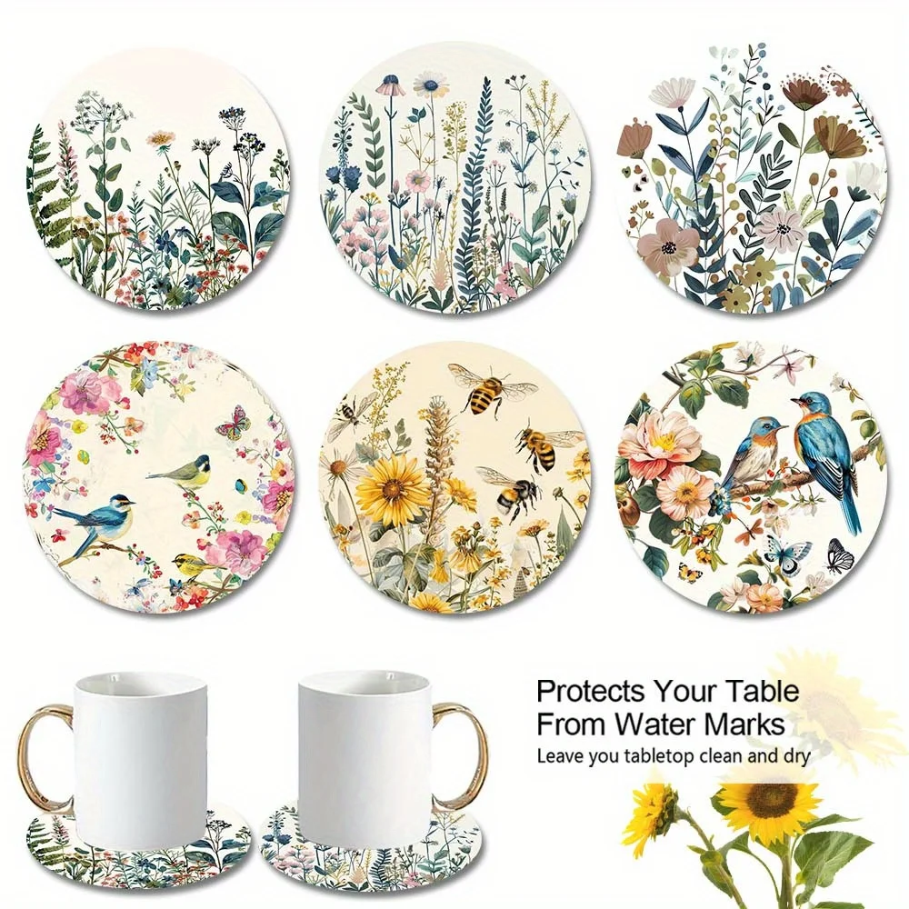 2D Retro Floral Design Wooden Coasters Set for Coffee Shop Office Bar Home Decor Gift Heat Insulation Anti-Slip Photography Prop