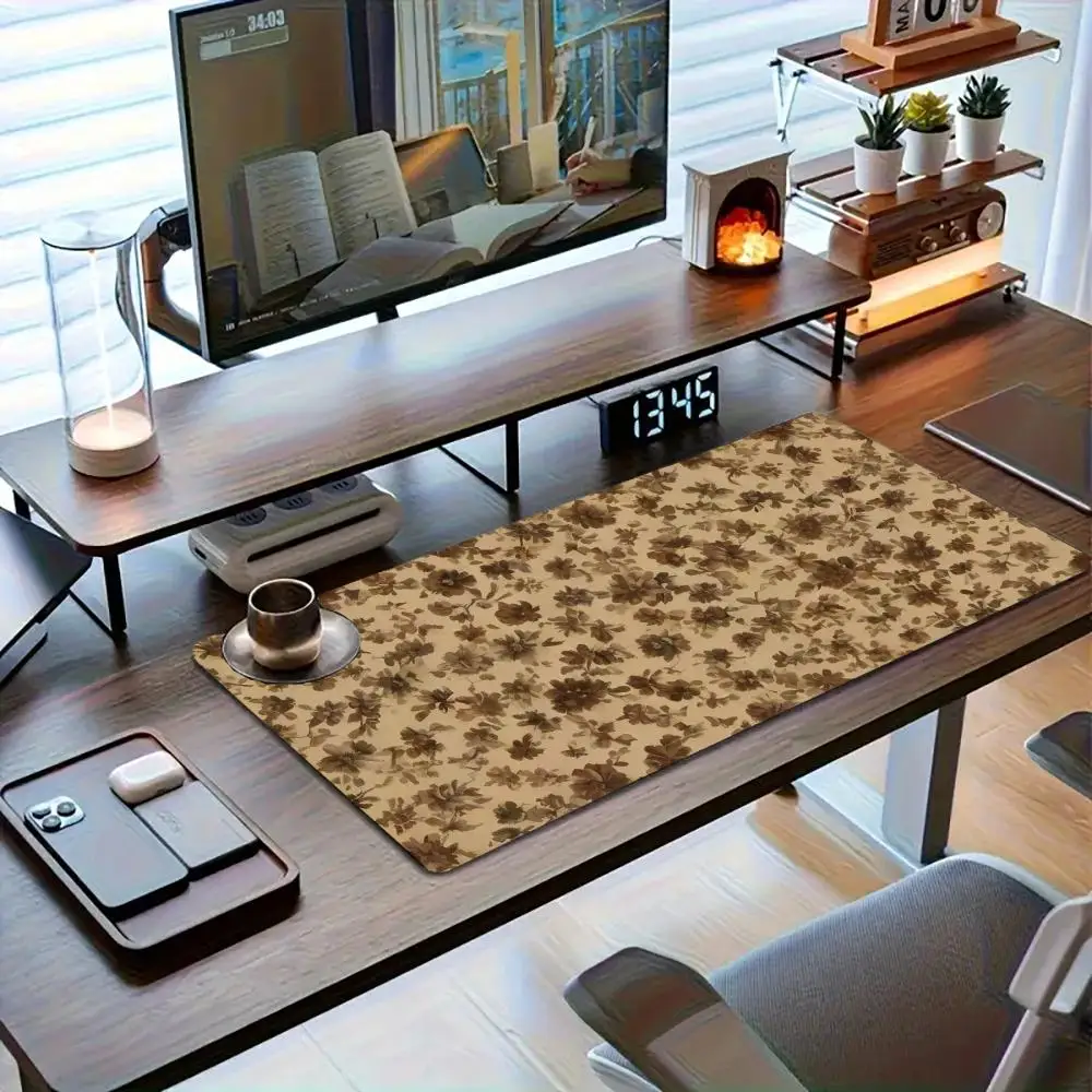 Большой коврик для мыши в стиле ретро с коричневым цветочным принтом, настольный коврик в стиле ретро с цветочным узором, подходит для офиса и домашнего декора.