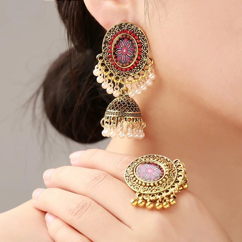 Retro Bohemian Ethnic Pendant Earrings/Ring Set For Women Turkish Egypt Tribe Pearl Tassel Flower Carved Indian Earrings Jewelry