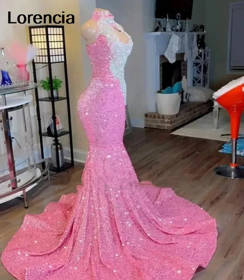 Lorencia Pink Sequins Mermaid Prom Dress For Black Girl Applique Crystal Beaded Special Occasion Party Gown Robe De Soirée YPD33