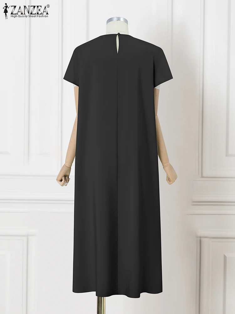 ZANZEA แฟชั่นจีบ Vestidos หลวม O-คอ Seamed แขนสั้นเสื้อยืดชุดลําลอง 2025 ฤดูร้อนสีทึบผู้หญิงชุด Midi