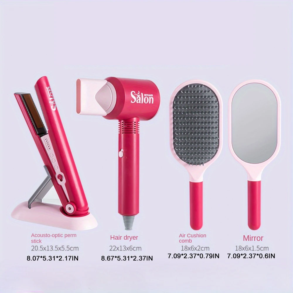 Set da salone di bellezza per ragazze Kit di attrezzi da barbiere per stilista finto, giocattolo da barbiere, asciugacapelli, forbici, grembiule da barbiere e accessori per lo styling