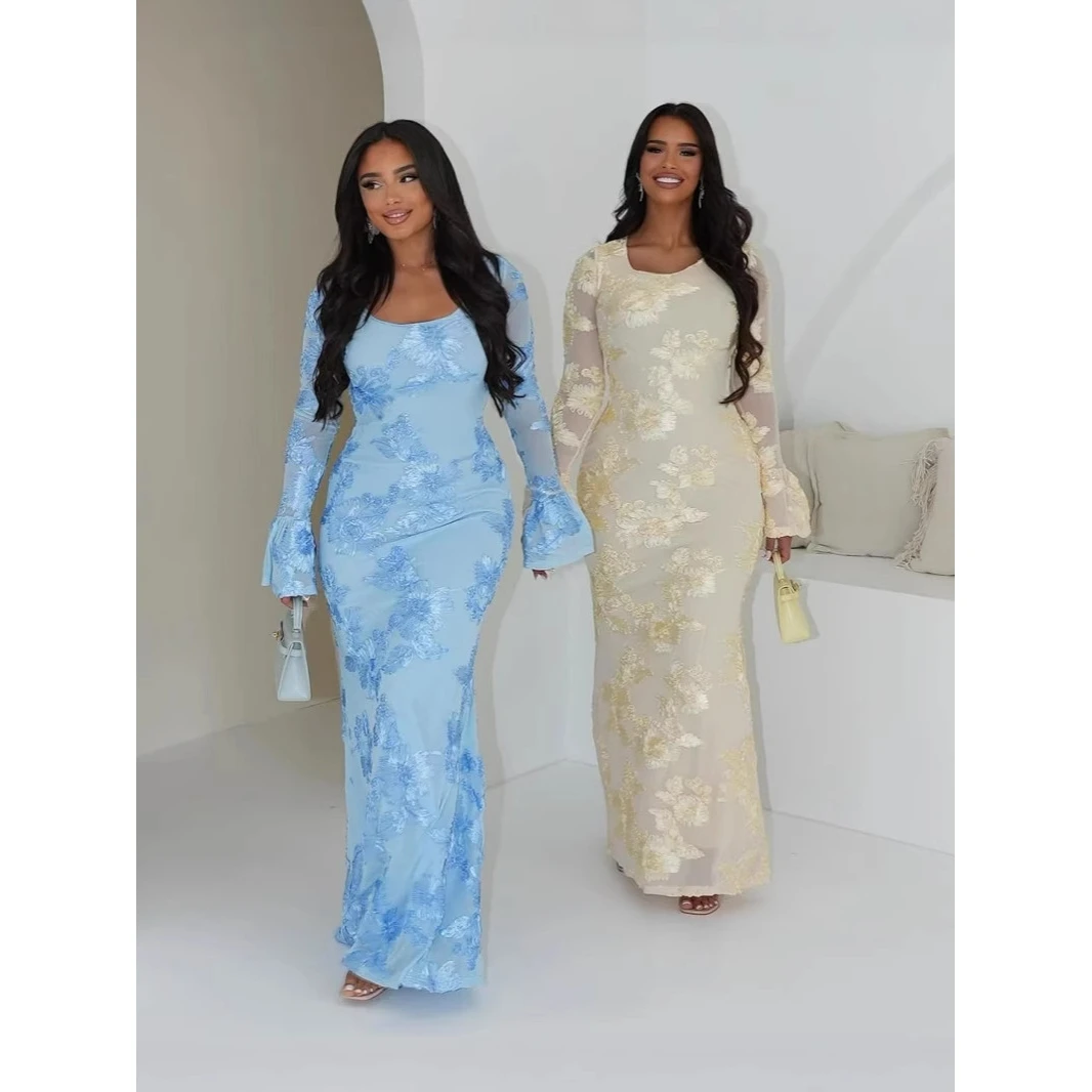 Sexy Faionable Bal Bell Sve Bodycon Dr Cintura Alta Fibra de Poliéster Longo Sve Ultra Or Vestido de Noite para Data