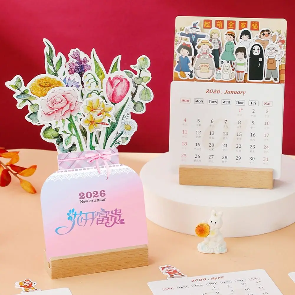 

Wooden Base 2026 Desktop Calendar Detachable Base Vase Shaped Bloomy Flowers Desk Calendar Date Display DIY Standing Calendar