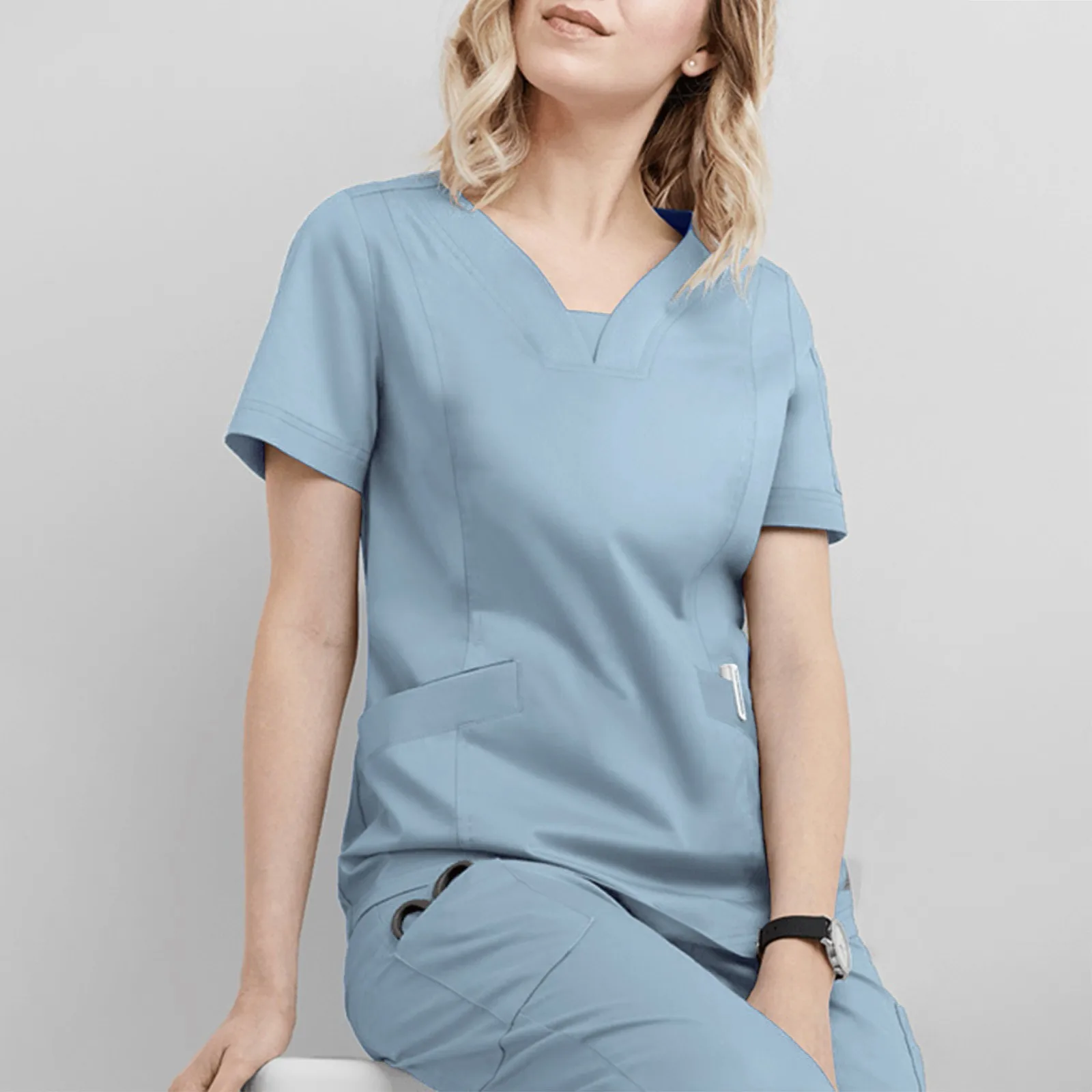 Nursed Blouse V-Neck Pocket Care Workers T-Shirt Tops Care Workers Nurse Uniform Workwear Women Hospital Solid Color Working