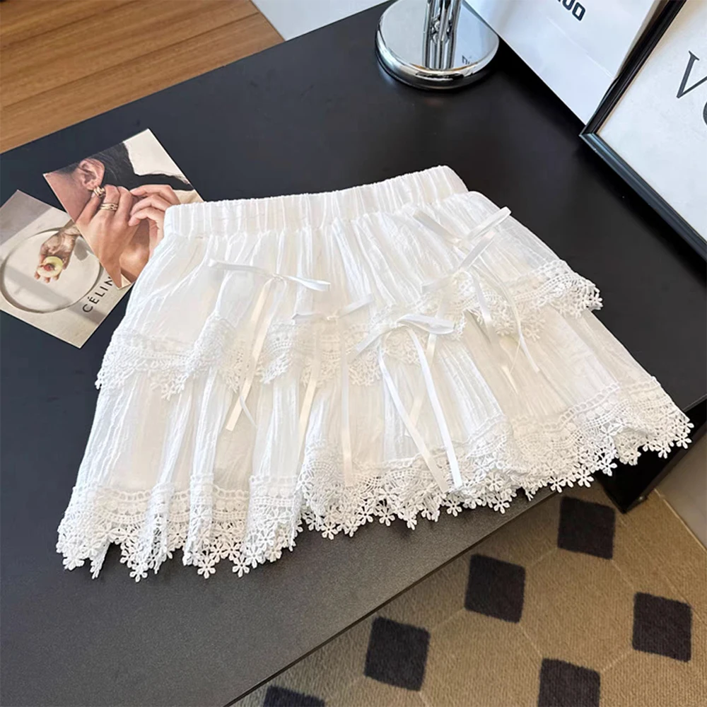 Women's White Lace Patchwork Mini Skirt Vintage 2000s High Waist Skirts Harajuku Y2k Gyaru Bow A-line Skirt Summer 2026 Clothes