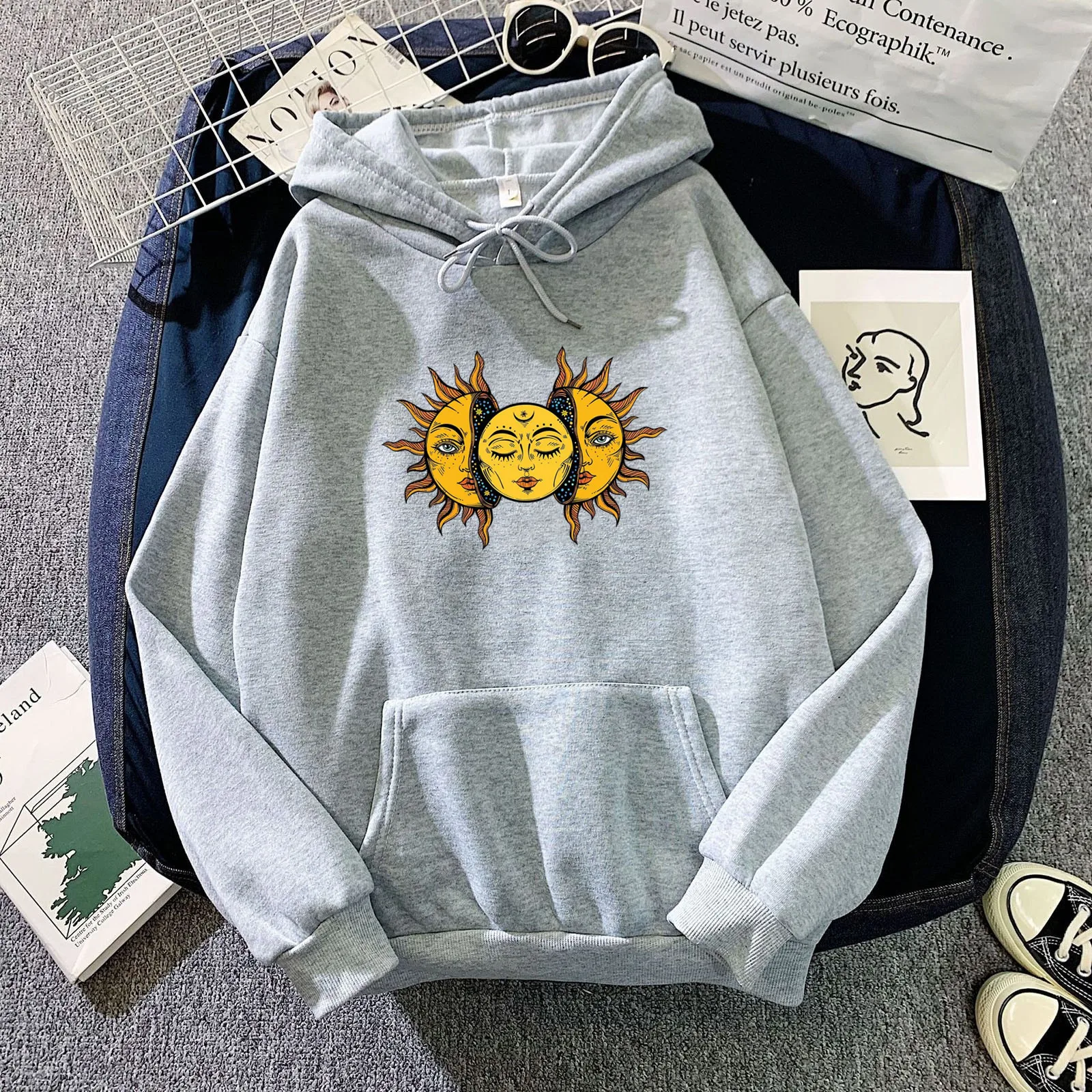 Aesthetic Hoody Sun Hoodie Women Harajuku Fashion Sweatshirt Moon Hoodie Female Printing Unisex Loose Tops Cotton Clothes