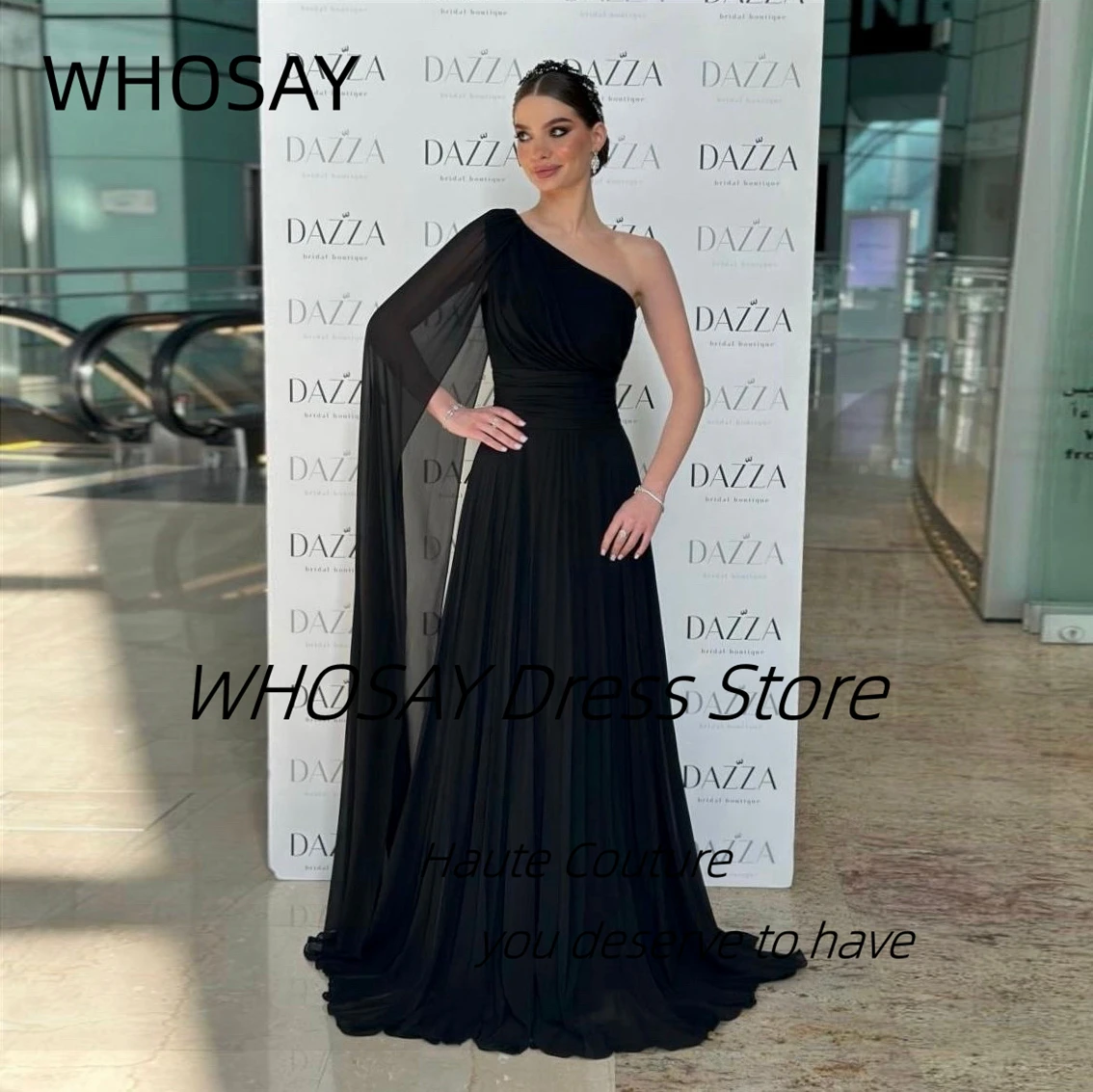 

WHOSAY Chiffon Prom Dresses One Shoulder Flutter Sleeves Evening Gowns Zipper Back Ruched A Line Formal Occasion Party Dress