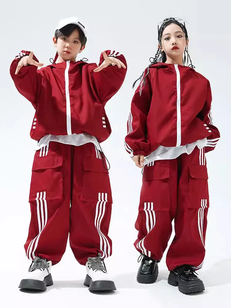 Hip Hop Girls Hooded Bomber Jacket Cargo Sport Pants Boys Street Dance Coat Streetwear Kids Jazz Outfits Children School Uniform