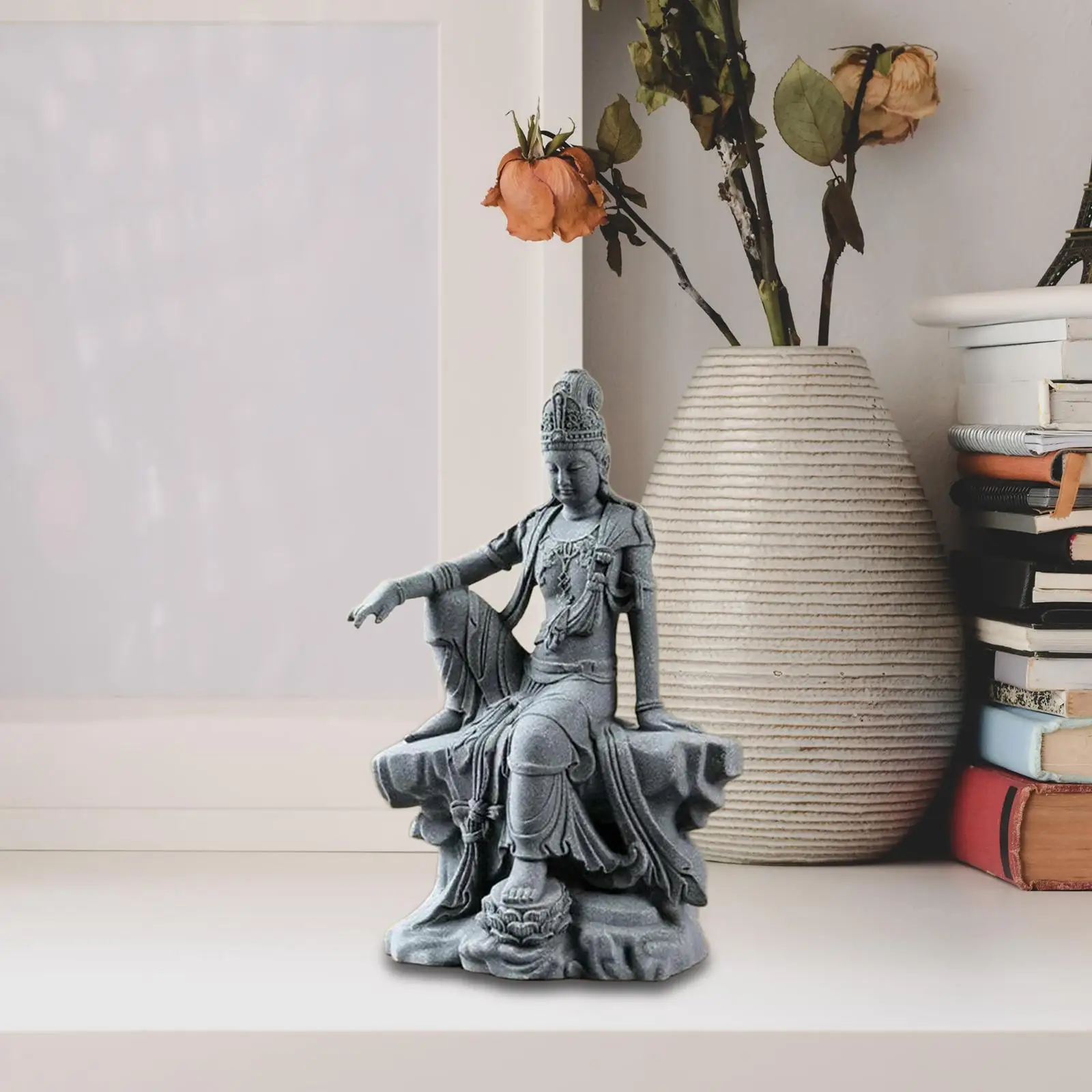 Serene Guanyin Statue Gray Resin Buddha Altar Figure for Living Room Buddhist Meditation Space