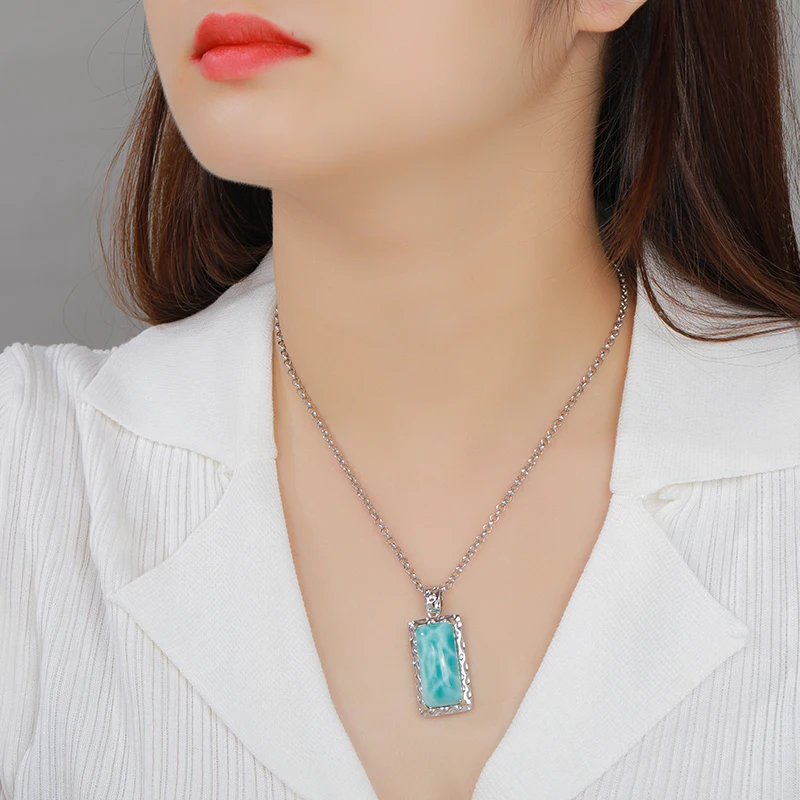 XYOP 925 Silver Gift Rectangular Pendant In Natural Blue Larimar Design, Collection Of Unique Wedding Party Occasions Fairy High