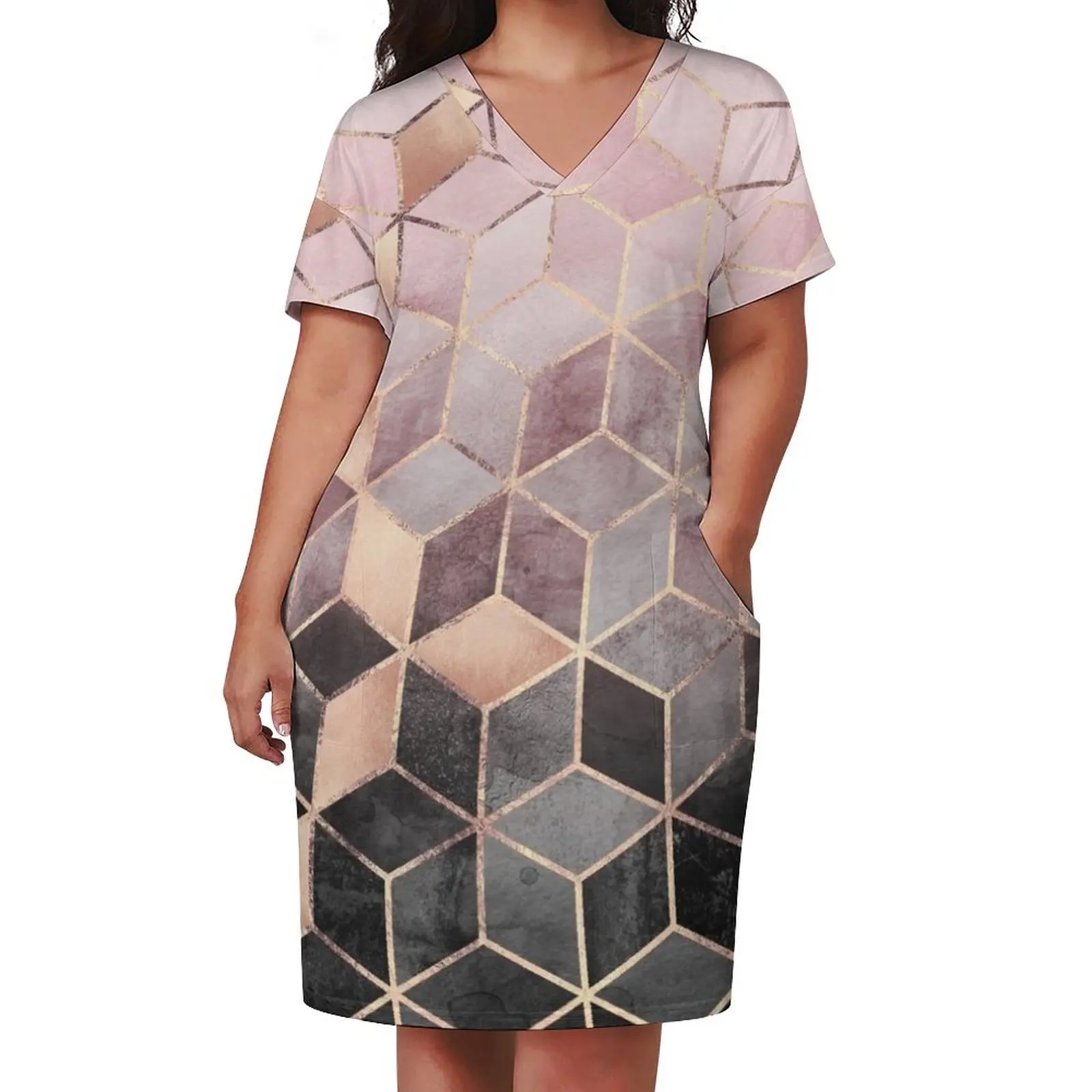 Pink And Grey Gradient Cubes Loose Pocket Dress Clothing female dress korean style african dresses for woman