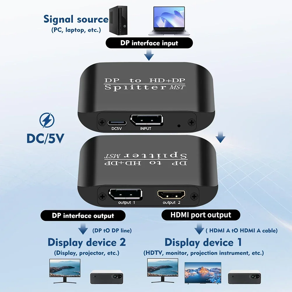 DP To DP+HD Splitter 1 in 2 Out DP To DP Adapter 4K 60hz DisplayPort To DisplayPort Adapter Multi-Monitor Adapter for PC