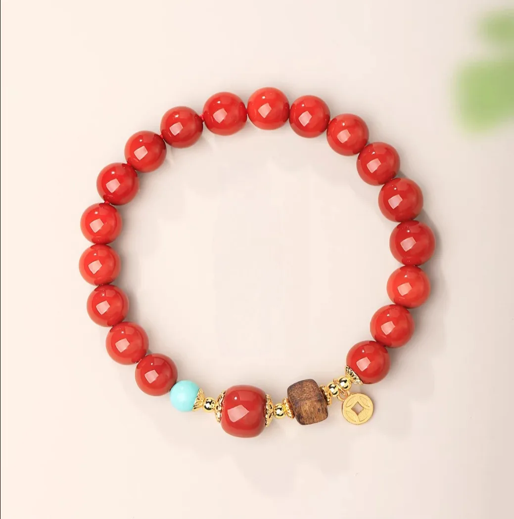 

Women's Red Bracelet Persimmon Red Nanhong Agate Beaded Bracelet with Agarwood Bead Accents Lucky Jewelry Gifts