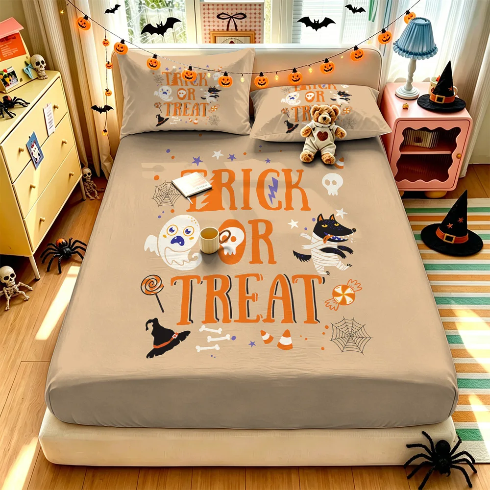 3PCS Halloween TRICK OR TREAT Print Duvet Cover Set NO FILLING, 1 Duvet Cover + 2 Pillowcases, Soft Machine Washable Bedding