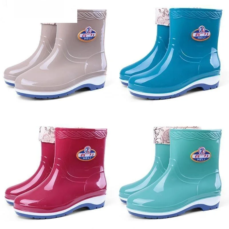 

Four-Season Women's Short-Fur Lined Rain Boots Fashionable Waterproof Non-Slip Mid-Calf Shoe Covers Warm All-Weather Boots