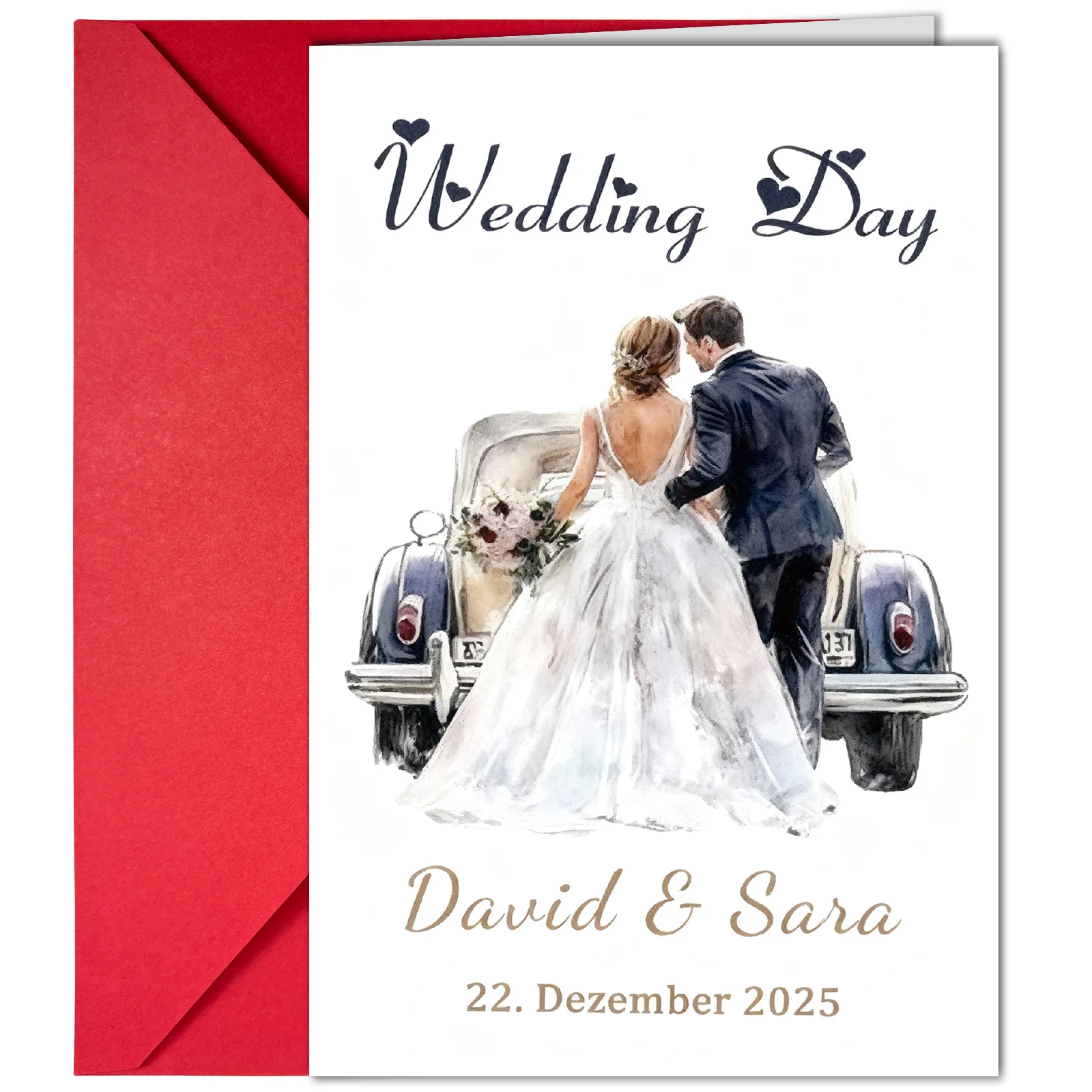 1 wedding greeting card envelope set watercolor wind wedding car illustration can be printed name date blessing card