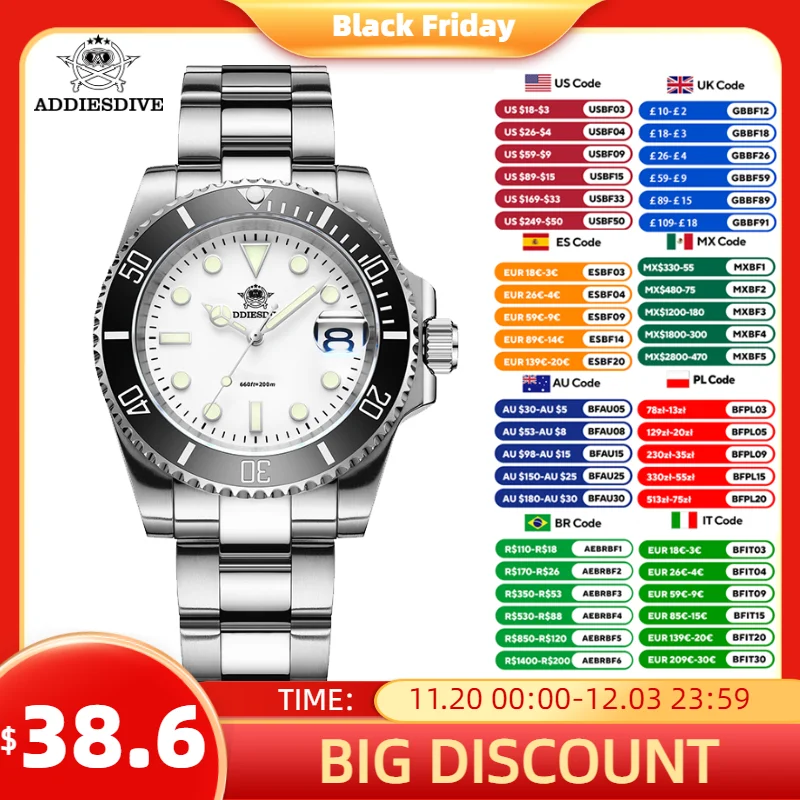 ADDIESDIVE Watch for Men Quartz Wristwatch 200m Waterproof Dive Ceramic Bezel Luminous 316L Stainless Steel 41mm Men's Watch