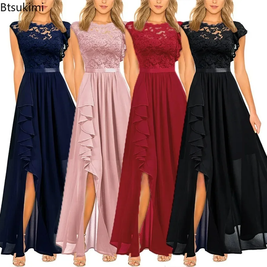 Elegancka długa sukienka maxi damska z wysokim stanem, okrągłym dekoltem, idealna na imprezę, wesele, modna sukienka w stylu vintage, łączona z koronką i szyfonem, rok 2026.