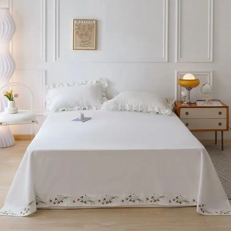 Pure White Bedding Sheet Floral Embroidery Flat Sheets 100% Cotton Bedding Luxury Bedspread Home Textiles Queen King Size