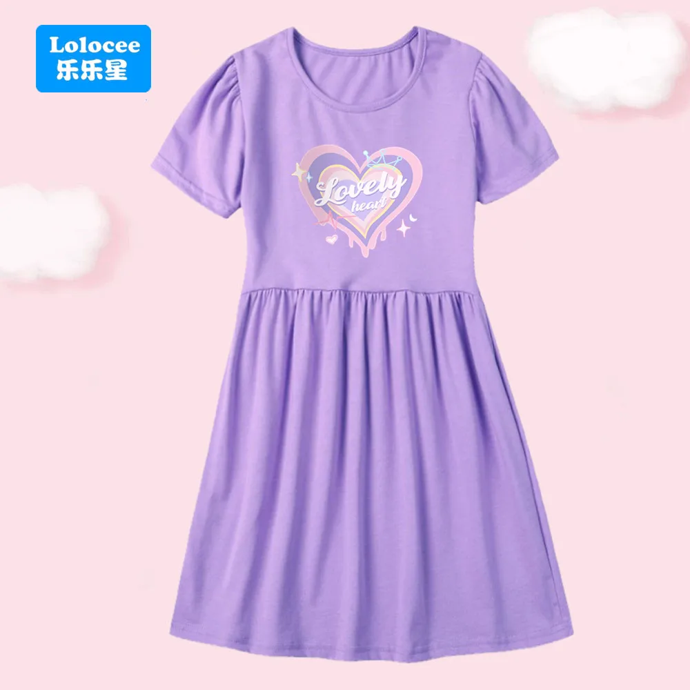 Lolocee Girls' Pink/Purple Dress,Lovely Heart Shaped Print Kids Tunic Short Sleeve Dresses Children Birthday Party Costume AXCH1