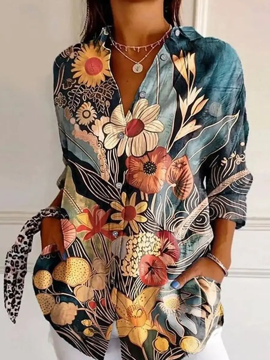 Gráficos florais femininos elegante vintage tropical impresso camisa de manga longa casual regular topos botão para baixo camisas vintage