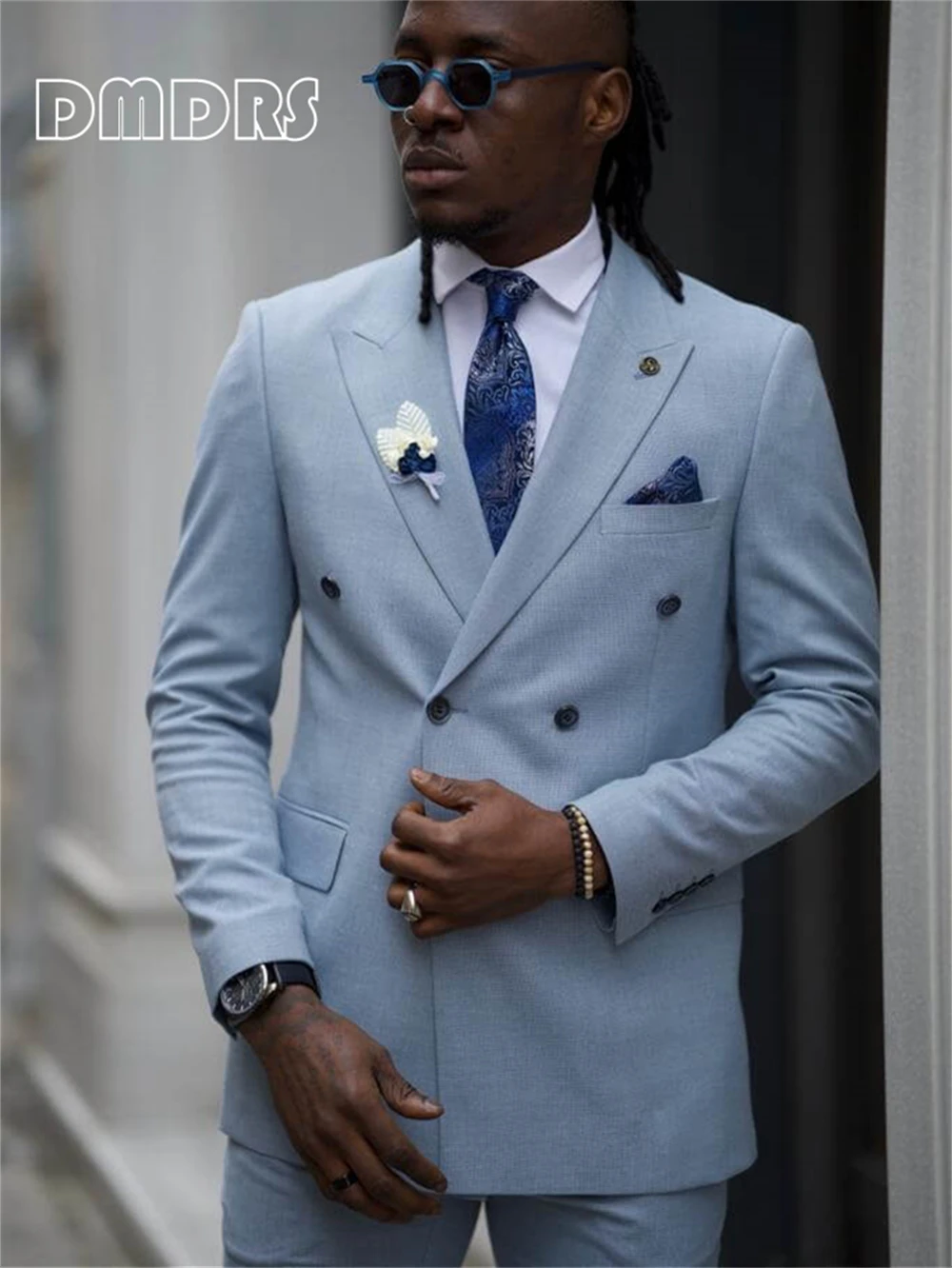 Blue Double Breasted Suit for Men XS-5XL Plus Size 2 PCS Formal Suits Jacket Pants Set - Business Party Dinner Tuxedo