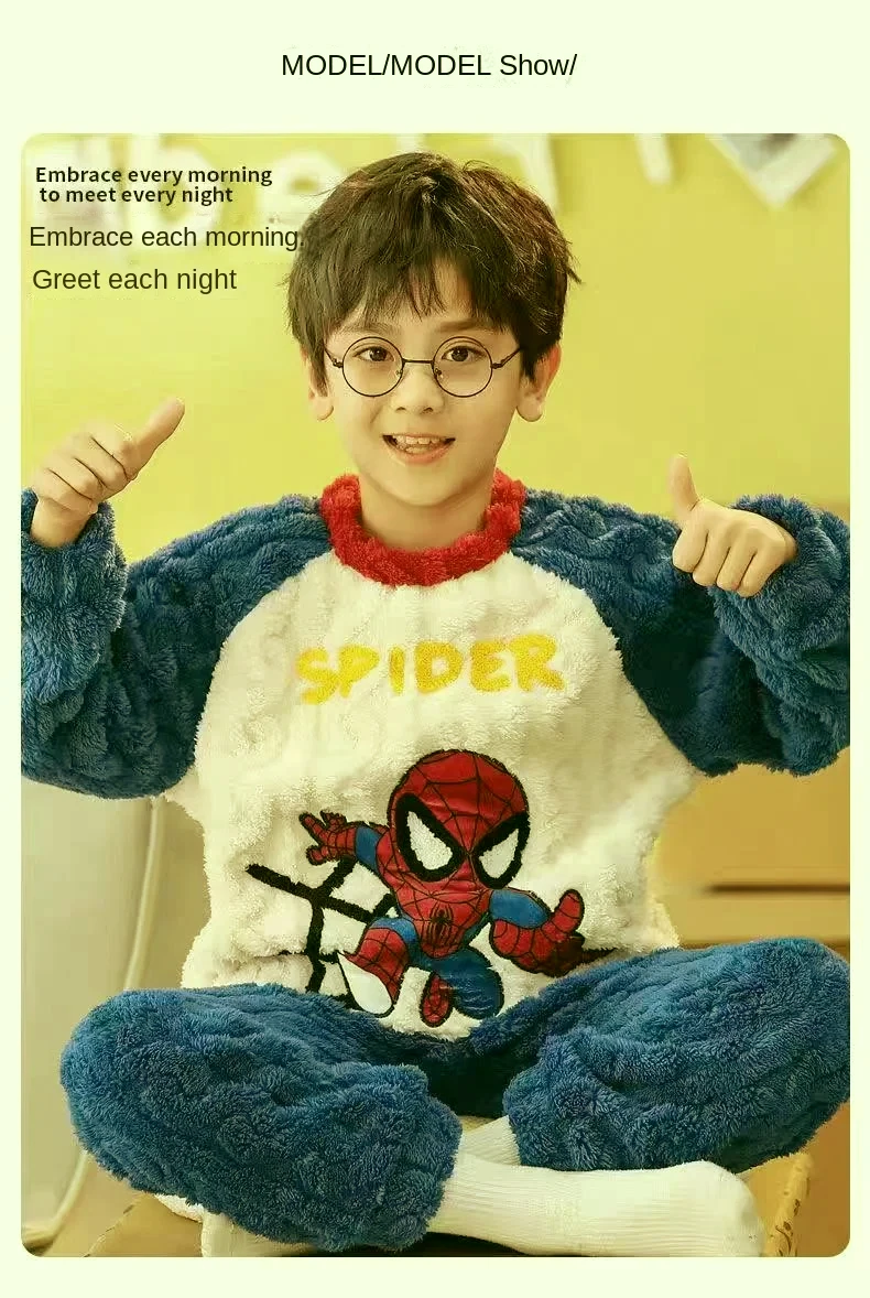 Winter-Kinderkleidung, Jungen-Cartoon-Schlafanzug-Set, Flanell, dick, langärmelig, warmes Set, Pyjama, zweiteiliges Set, Kinderkleidung – Detail 4