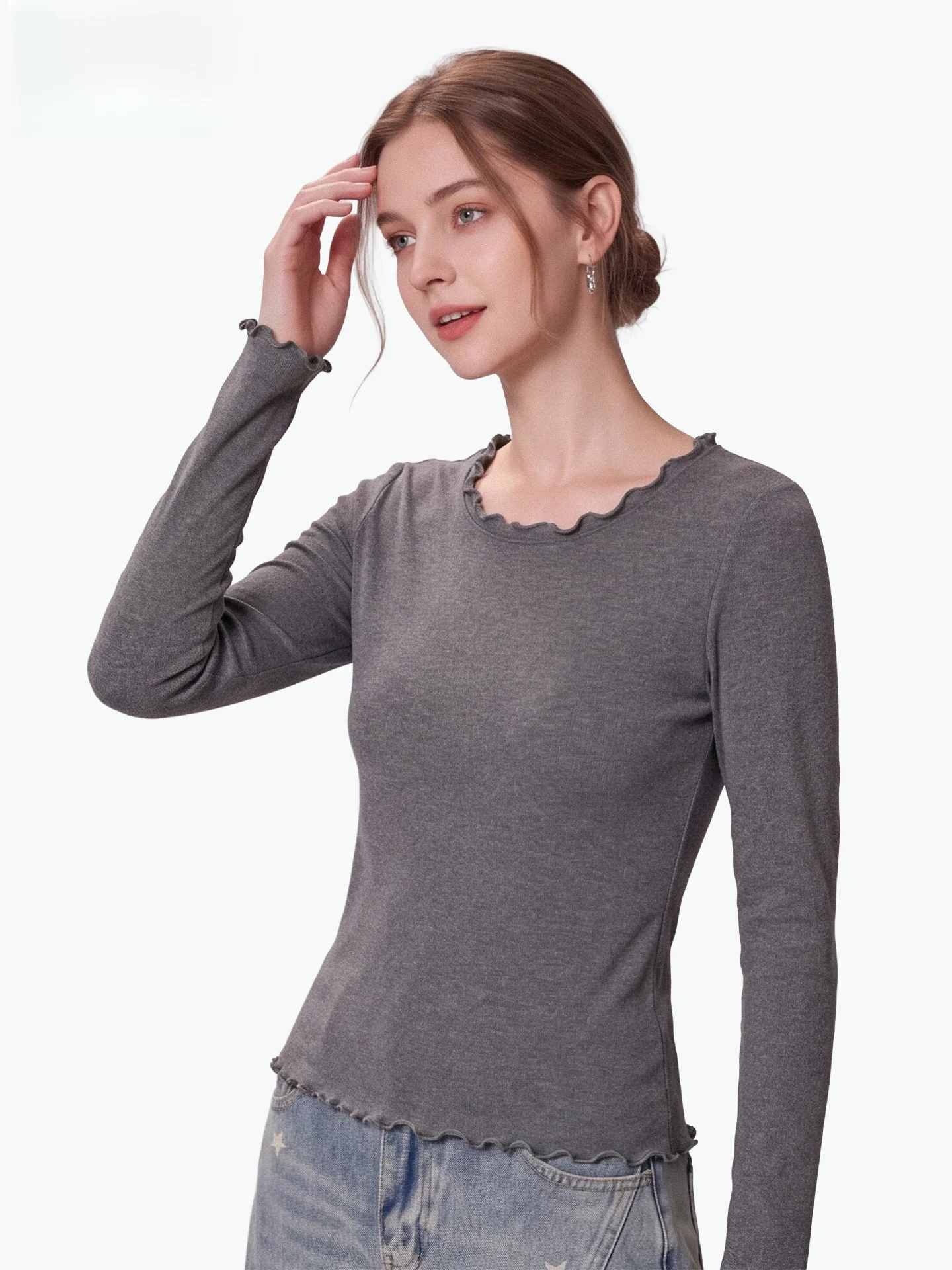 Yikaqi Long Sleeve round Neck T-Shirt Women Early Autumn New Roll Collar Slim Fit Inner Wear Top Korean Style Commute