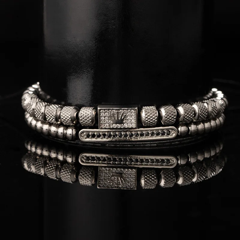 1set Stainless Steel Bracelet Pineapple Bead Crown with Zircon Weaving Adjustable Bracelet Set Trendy Fashion Accessories