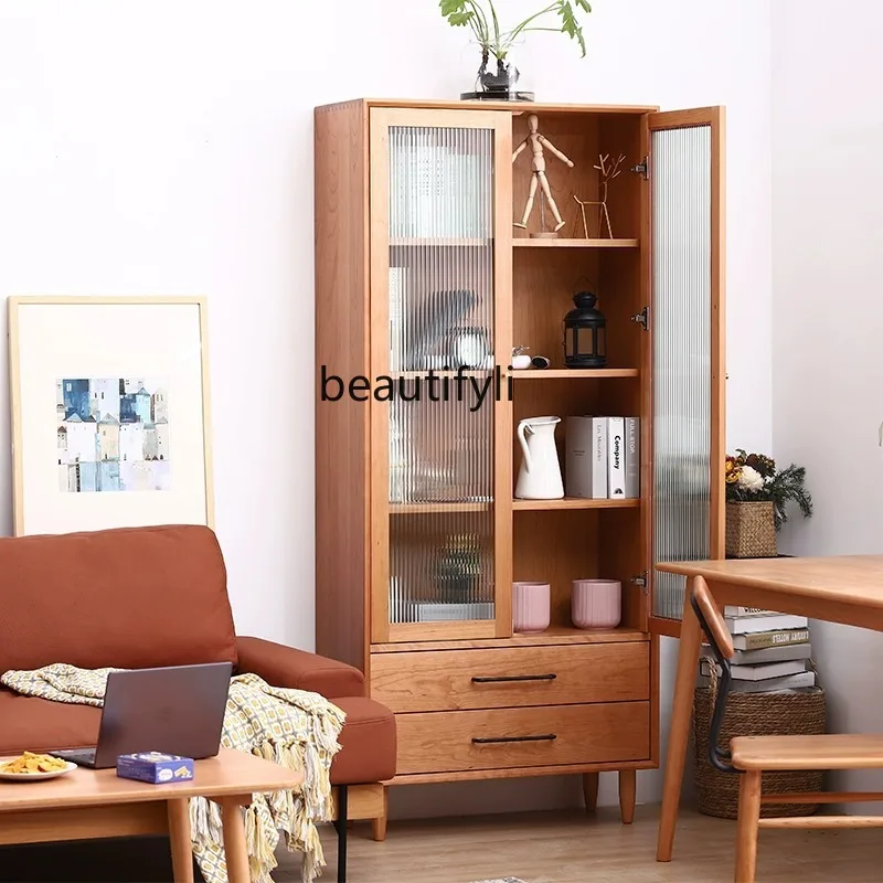 

Nordic Cherry Wood Solid Bookshelf Set with Doors Changhong Glass Modern Simple Office Home Use