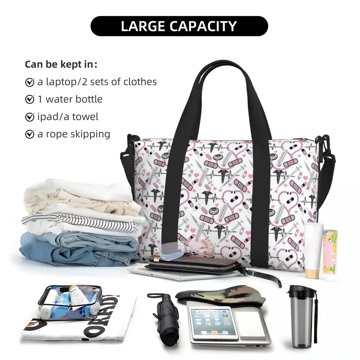 Bolsa de viaje de playa con patrón de EKG de enfermera y médico con estetoscopio bonito personalizado, bolsas de mano para gimnasio, Yoga, bolso de compras para mujer