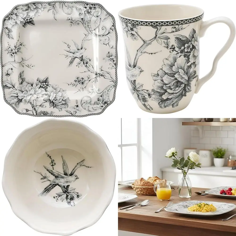 

Grey & White 16-Piece Floral Square Dinnerware Set for 4, Porcelain Plates and Bowls, Suitable for Daily Use and Special Occasio