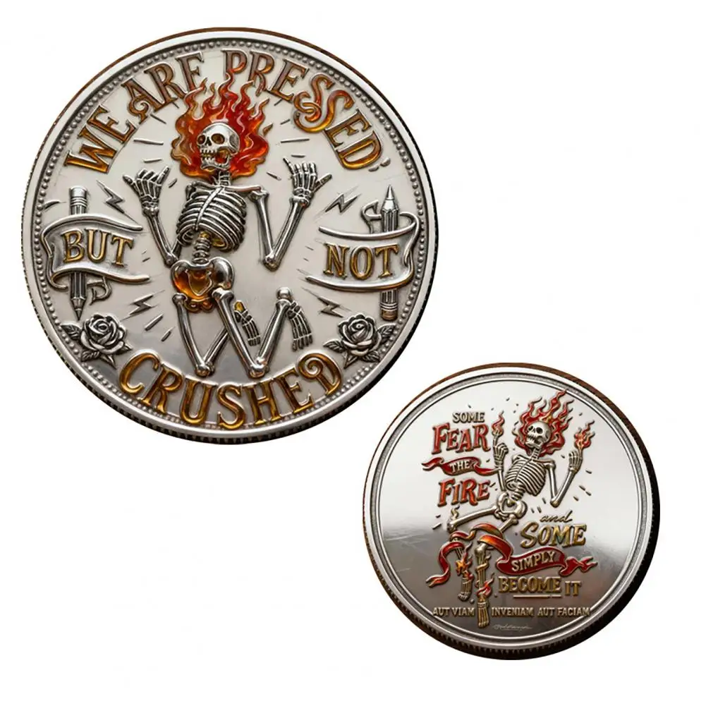 Commemorative Coin Silver Metal Coin Skeleton Flame Challenge Coin Humorous Token Positive Pocket Keepsake GoldEmbellished Coins