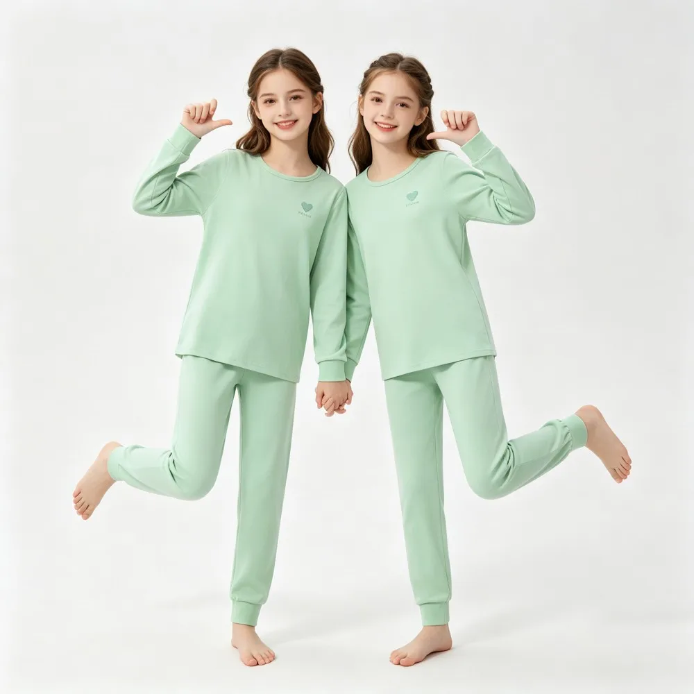 Soft Cotton Teen Girls Homewear Winter Girls Pajamas Set Solid Color Long Sleeve Top & Pants Thick Kids Night Sleepwear Outfit