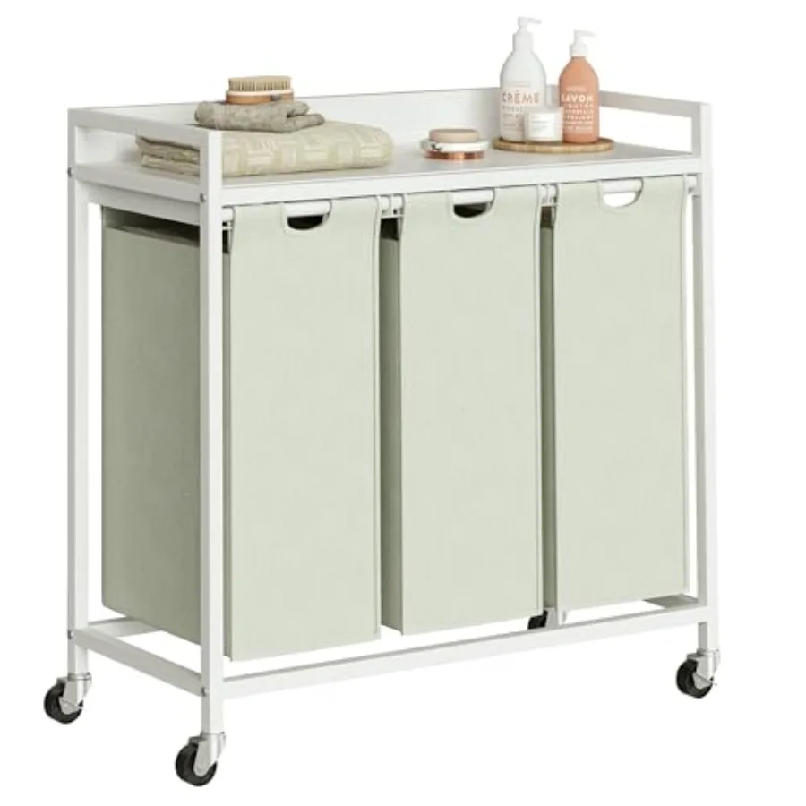 

Laundry Hamper with Shelf 3-Section Sorter with Pull-Out Removable Bags Movable Wheels Sturdy Metal Frame 3×15.87 Gal 60L White