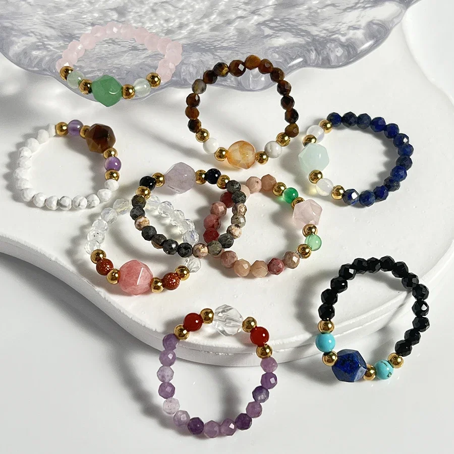 Boho 3/6 Mm Tangent Natural Stone Wedding Rings for Women Multi Color Fashion Handmade Beaded Ring Statement Jewely Wholesale