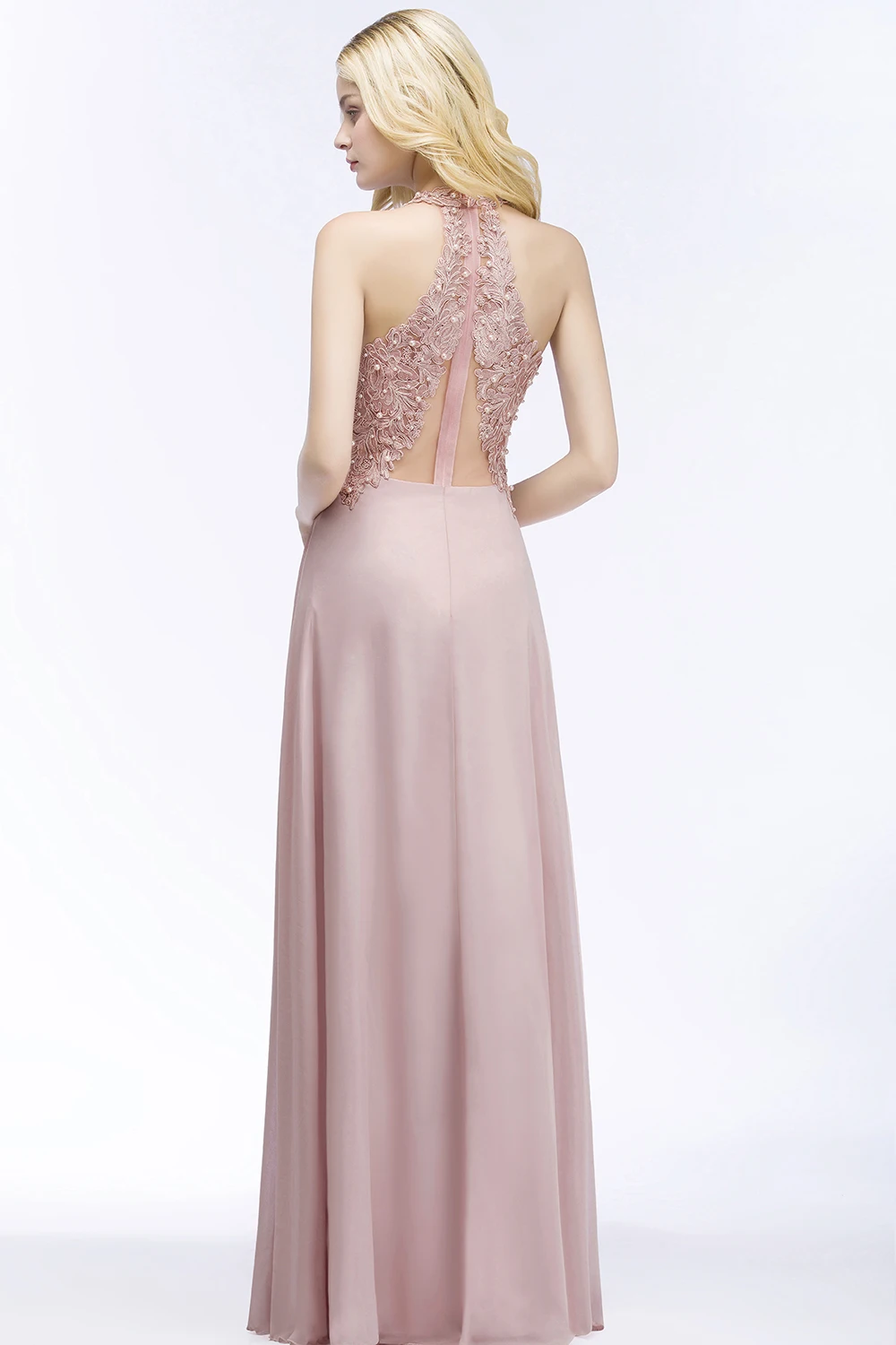 Sexy Pearls Lace Pink Women Maxi Dress Sexy Halter Neck Chiffon Long Evening Prom Dresses for Party Valentine Gift