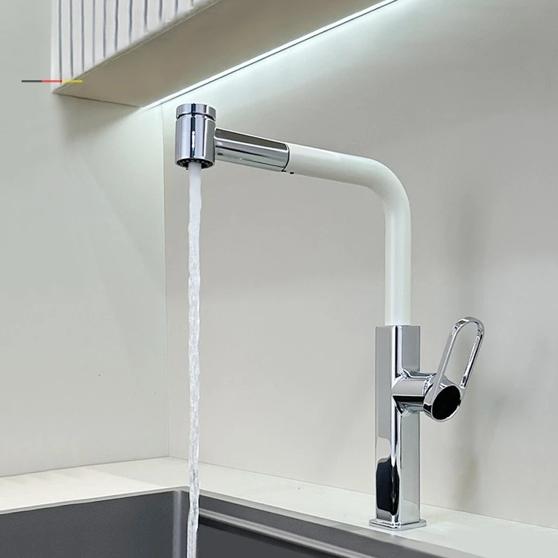 All-copper contrasting color wind-pulled hot and cold faucet Milk white kitchen sink sink splash-proof faucet